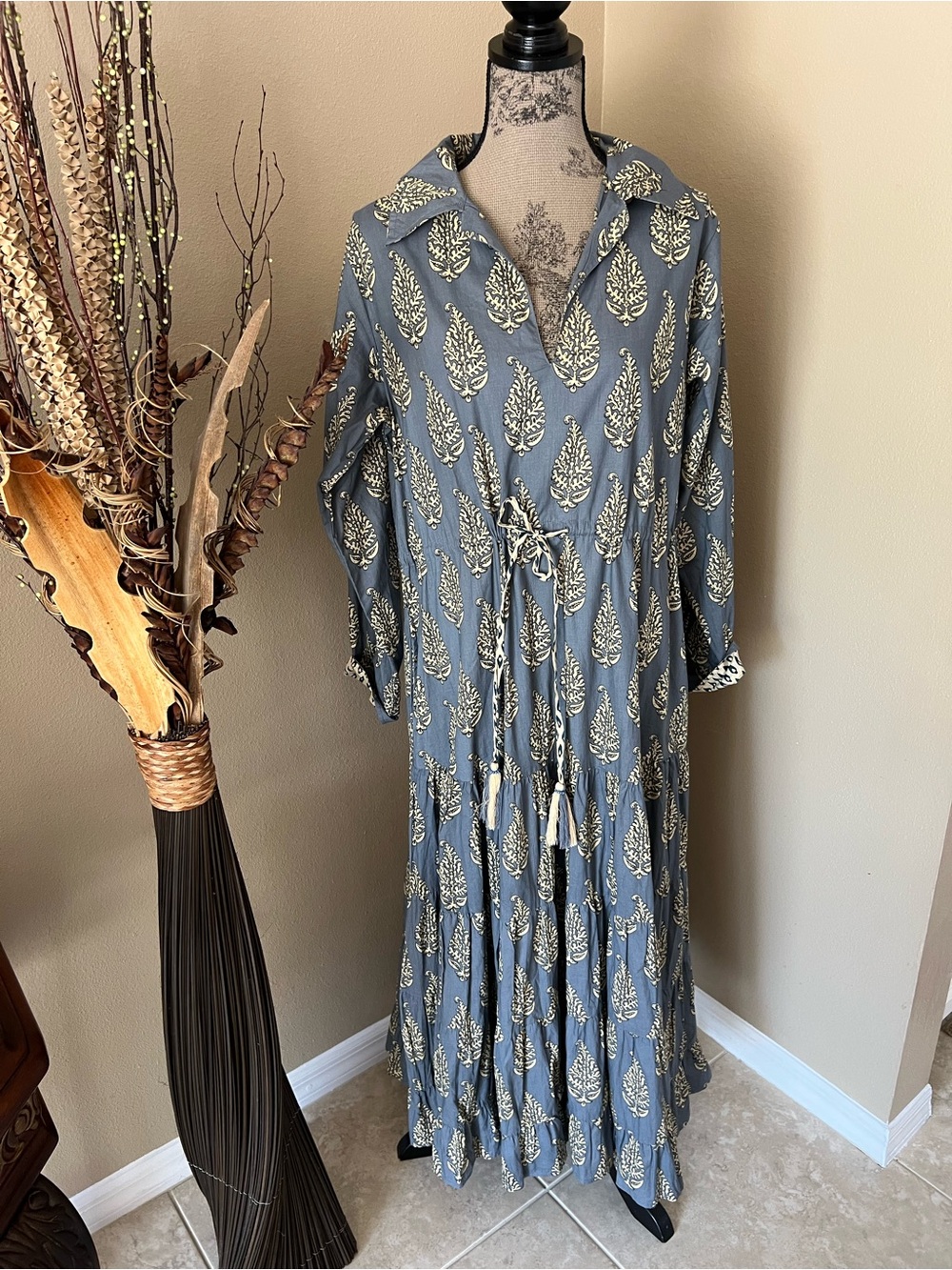 Boho Leaf Print Maxi Dress in Slate Blue